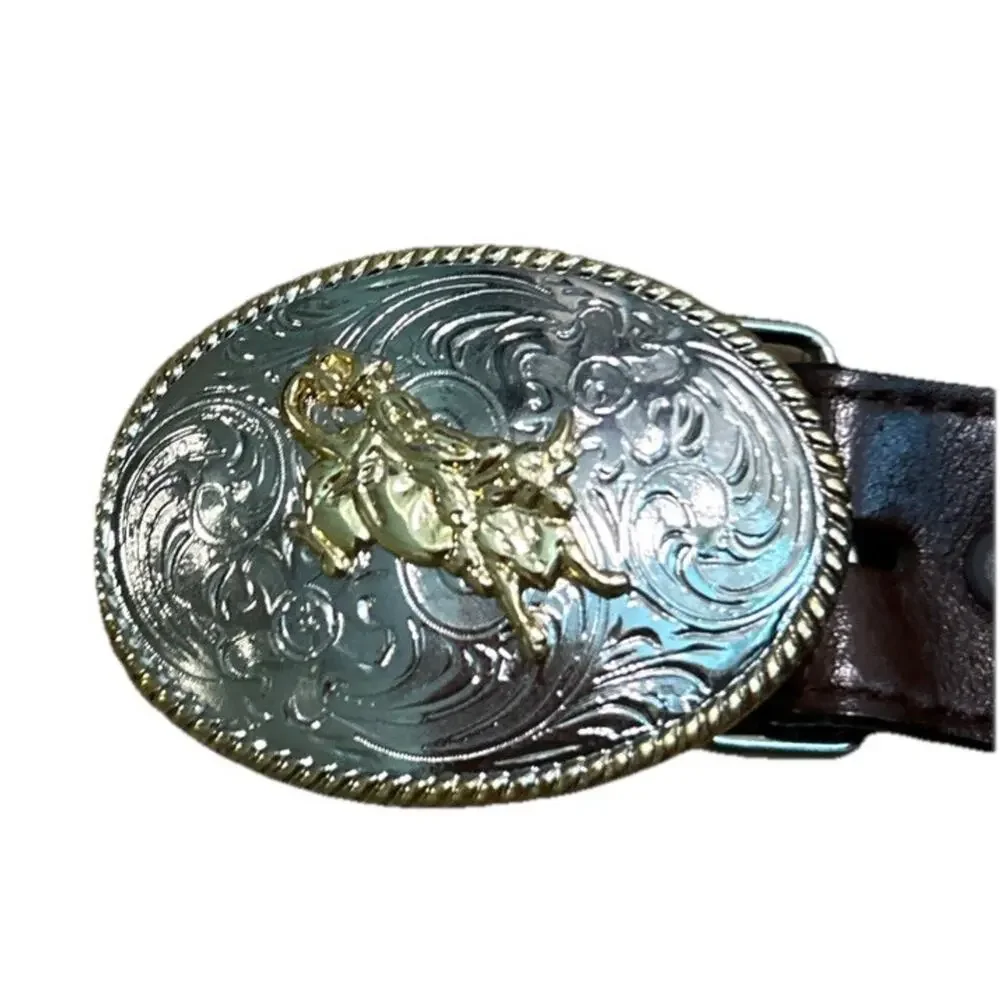 3D Belt Co Youth Kids 24 Hair On Cowhide Belt Bull Rider Buckle Embossed Leather